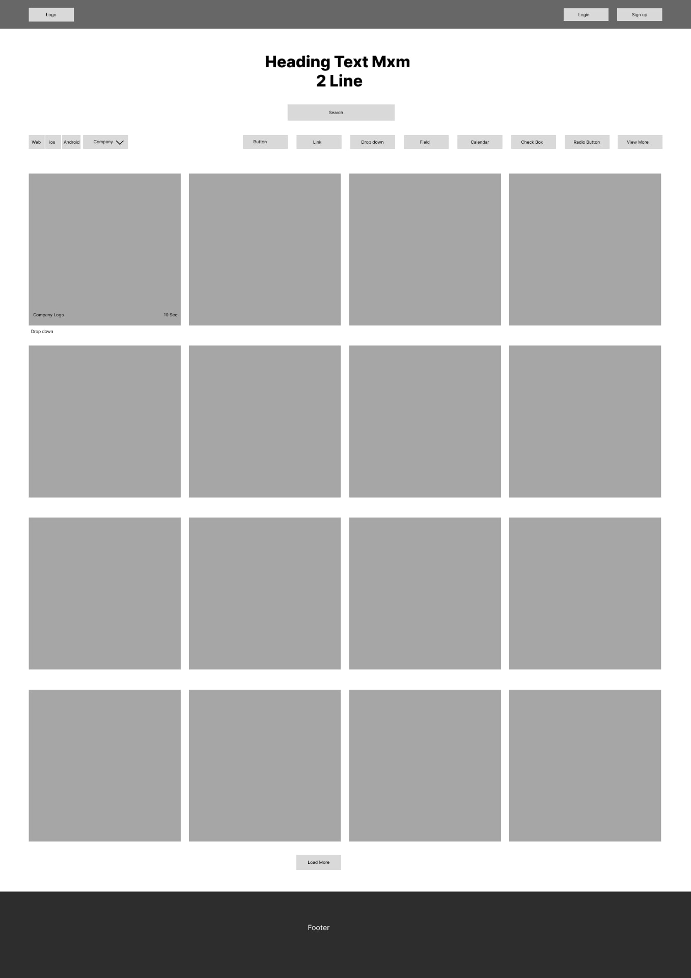 Wireframe: browse experience with search, filters, and a dense card grid.